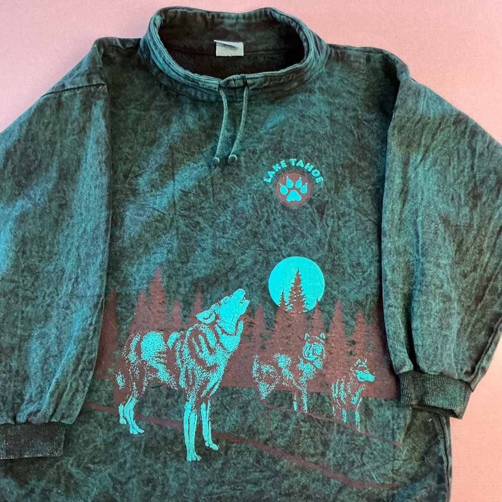 Green Wolf Graphic Pull over denim like fabric